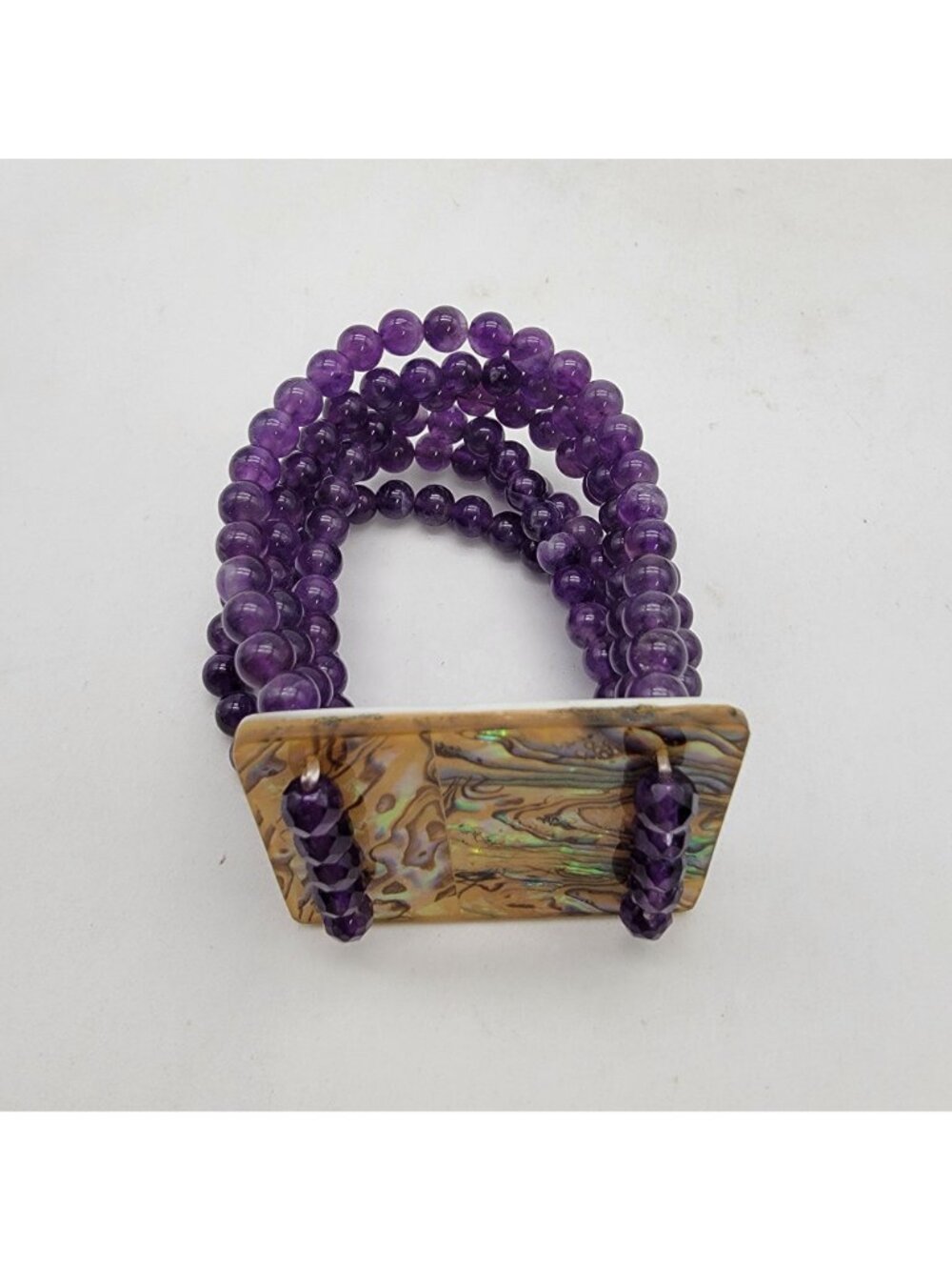 Multi-Strand Amethyst Gemstone Beaded Bracelet With Abalone Shell Panel - Picture 4 of 7